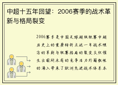 中超十五年回望：2006赛季的战术革新与格局裂变