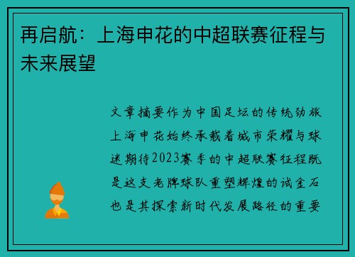 再启航：上海申花的中超联赛征程与未来展望