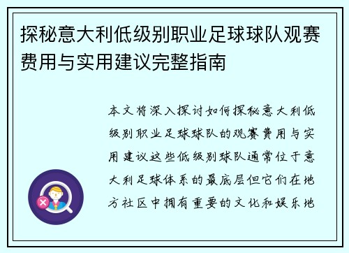 探秘意大利低级别职业足球球队观赛费用与实用建议完整指南